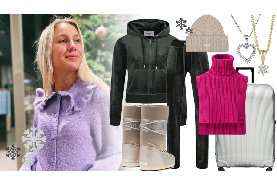dame i lilla jakke, mørk jakke, beige sko, beige lue, rosa hals, sølvkoffert, hjertesmykke, stjernesmykke