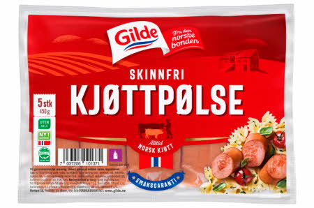 Pakke med Gilde skinnfri kjøttpølse, 450 g.