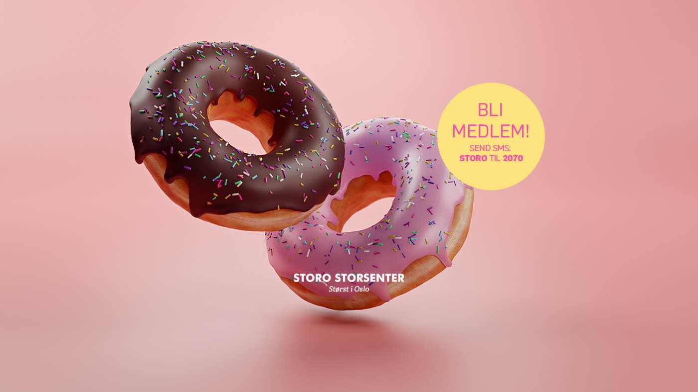 Brun og rosa donut med teksten "Bli medlem - Storo Storsenter"