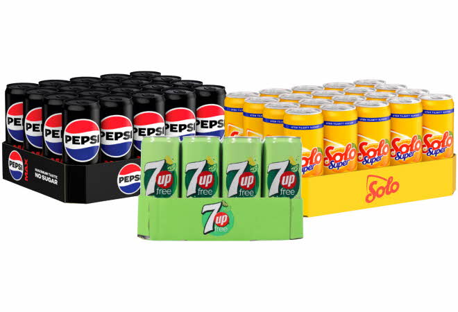 Tre brett med Pepsi Max, 7UP Free og Solo Super