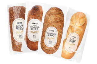Fire typer Coop-brød i plastposer.