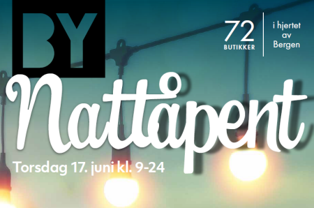 Stemingsbilde-natt med lamper som henger i en snor og tekst om nattåpent søttende juni