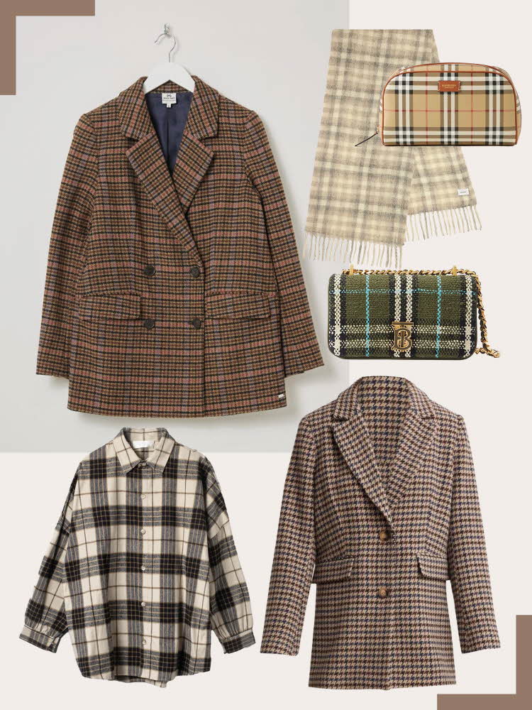 Brun rutete dobbeltspent blazer, lyst rutete skjerf, rutete Burberry toalettmappe, grønnrutete liten veske, sort og hvit rutete skjorte, brun rutete enkeltspent jakke.