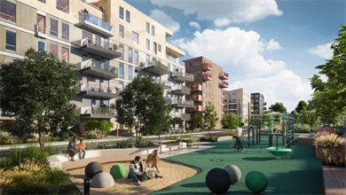 Illustrasjon av Skårerløkka PREMIUM eksteriør, fellesområde og lekeplass