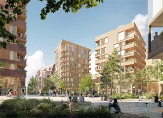 Bildet viser boligprosjektet Flytårnet Stasjon felt 8.4 på Fornebu. Et samarbeidsprosjekt mellom OBOS og Thon Eiendom.