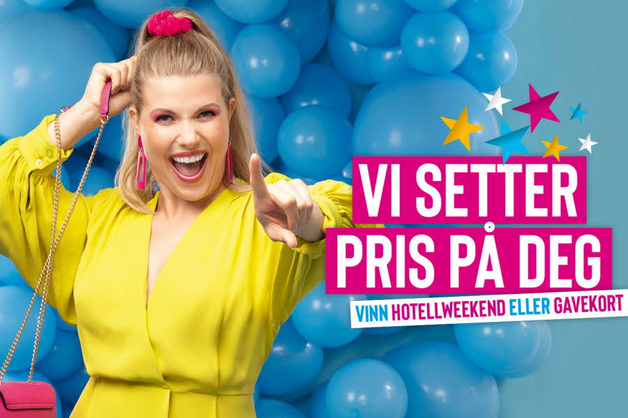 dame i gul kjole, rosa hårstrikk og veske, blå ballonger, teksten Vi setter pris på deg, vinn hotellweekend eller gavekort
