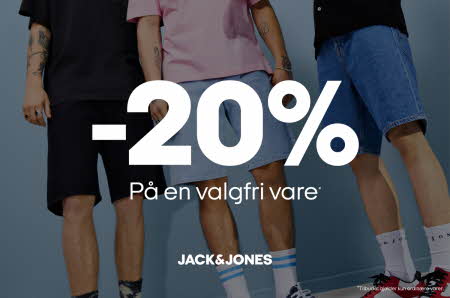 Menn i shorts og teksten "-20% på en valgfri vare"