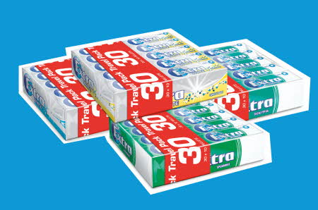 Fire varianter av 30-pakk Extra tyggegummi i ulike smaker