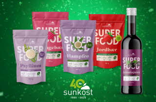 Supermatprodukter som psyllium, ingefær, hampfrø, jordbær og aroniajuice.