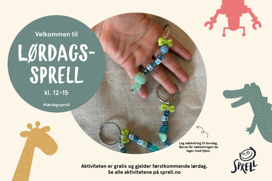 Grafisk bilde med figurer og teksten "Lørdagssprell"