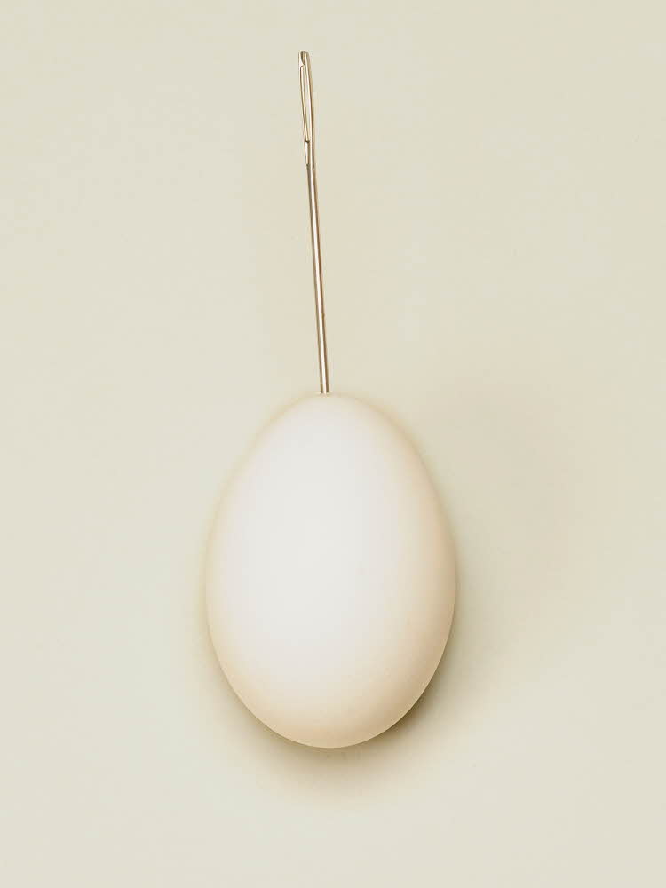 Et egg med en nål i Ett egg og en skål med gul plomme i 