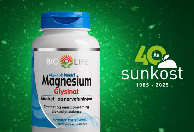 Boks med BioLife Magnesium Glysinat mot grønn bakgrunn med Sunkost 40-årslogo.