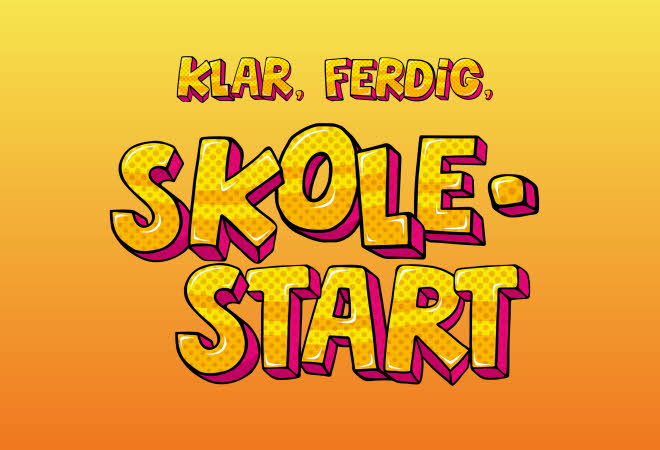 Grafisk bilde med teksten "Klar, ferdig, skolestart"