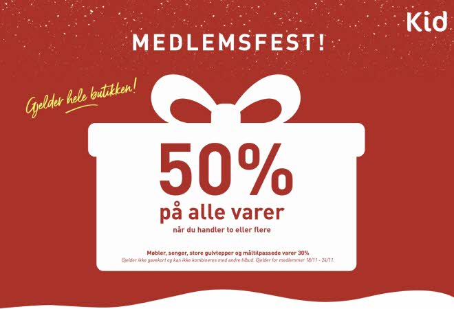 Rød bakgrunn med Kid logo og tekst: "medlemsfest! 50% på alle varer"