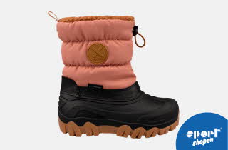 Vanntett vinterstøvel med rosa og svart design.