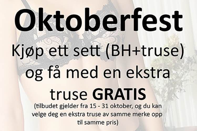 Kvinne som poserer i sort undertøy. Oktober fest med tilbud på undertøy. Kjøp ett sett, bh og truse og få med en ekstra truse gratis.
