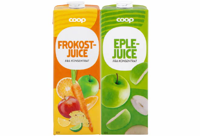 En gul kartong Coop frokostjuice og en grønn kartong Coop eplejuice.
