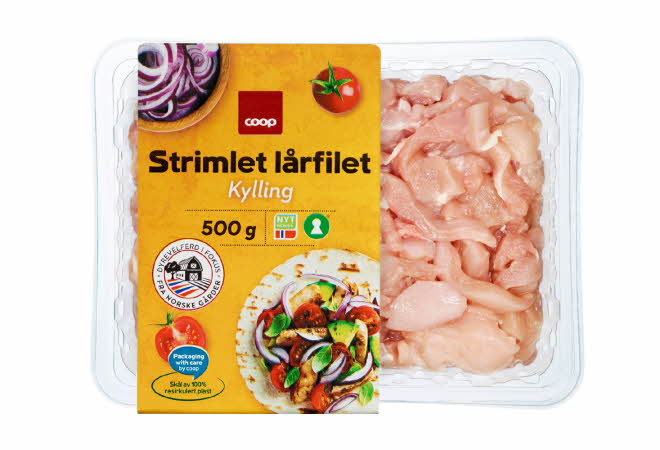 Pakke med 500 g strimlet kylling lårfilet fra Coop.