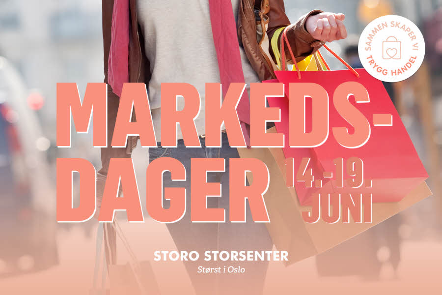 nærbilde av kvinne som holder handleposer med teksten "markedsdager 14.-10. juni storo storsenter" og logoen "sammen skaper vi trygg handel"