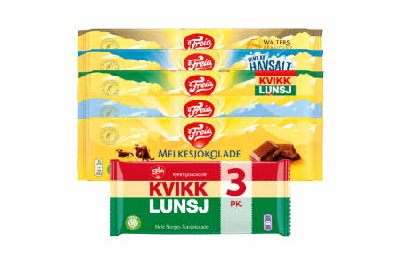 Stort utvalg Freia store sjokoladeplater og Kvikk Lunsj 3-pakk
