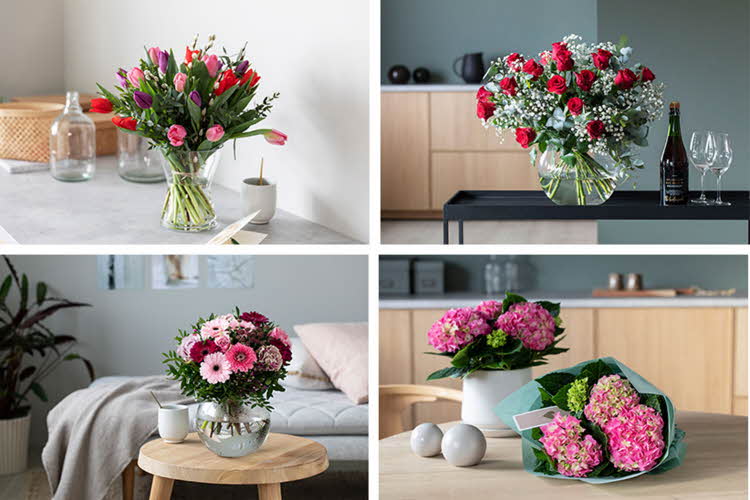 Fire bilder satt sammen i en kollasje, alle bildene inneholder blomsterbuketter. Øverst til venstre av tulipaner i ulike farger, til høyre roser, nederst til venstre assorterte blomster og nede til høyre hortensia både avskårne og i krukke.