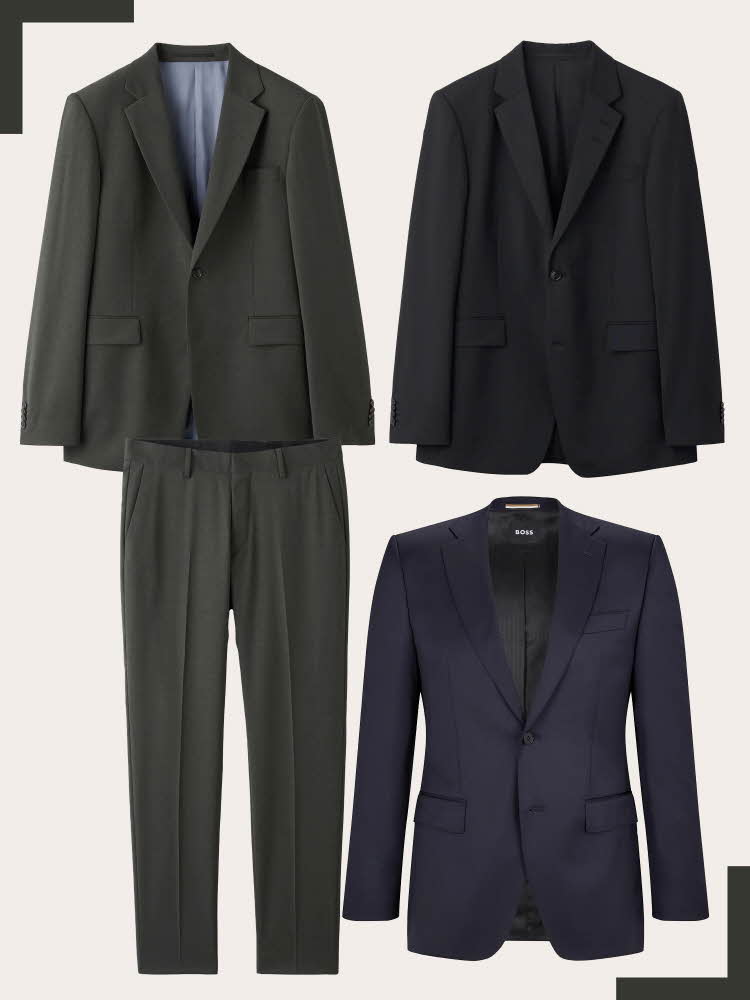 Grønngrå dressjakke og bukse, sort dressjakke, mørk blå dressjakke.