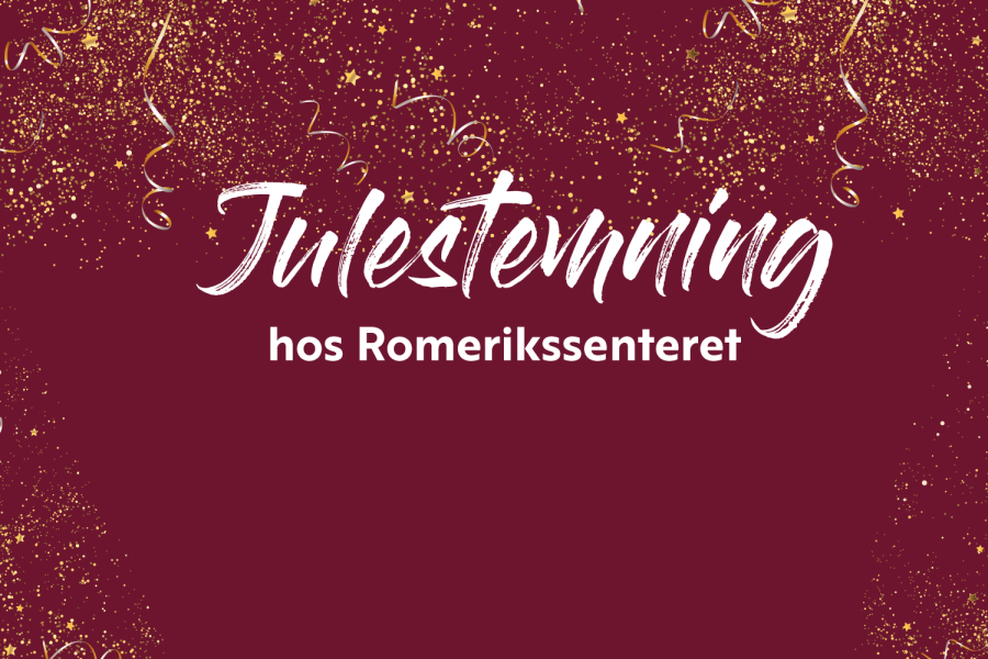Mørkerød bakgrunn med gullkonfetti med teksten Julestemning hos Romerikssenteret i hvitt tekstfarge