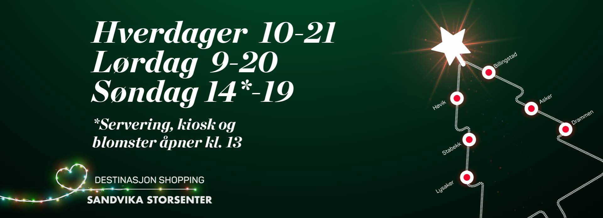 Åpningstider hverdager 10-21, lørdag 9-20, søndag 14-19