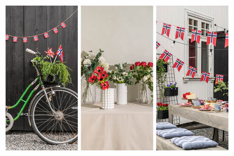 pyntet grønn sykkel, fargerike blomster, uteområde pyntet med norgesflagg