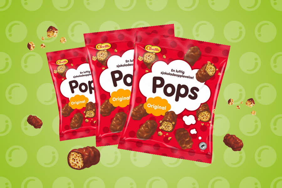 Tre røde poser med pops sjokolade snack