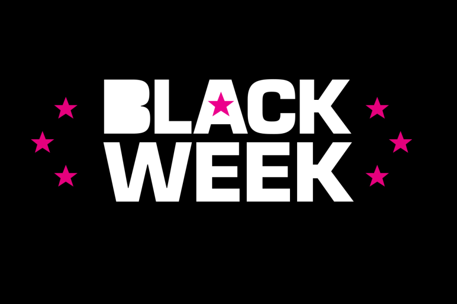 Svart bakgrunn med rosa stjerner og hvit tekst som sier "Black week" med store bokstaver