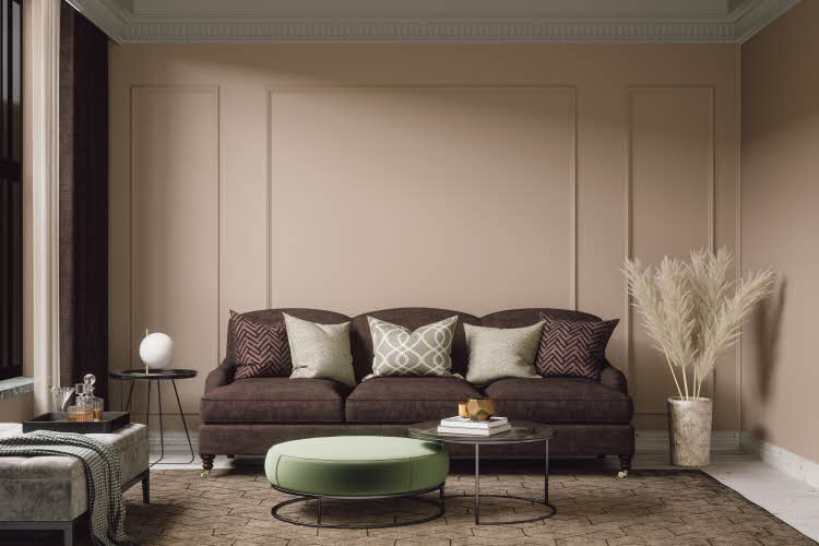 Rom med beige vegger, brun sofa, puff, strå,sjeselong