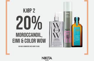 Produkter fra Nikita med tekst "kjøp 2 få 20% Moroccanoil, Eimi og Color WOW"