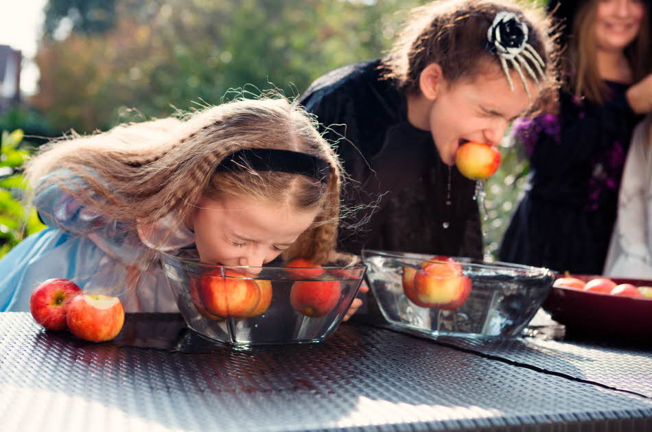 To jenter som spiser epler i en bolle med vann uten å bruke hendene