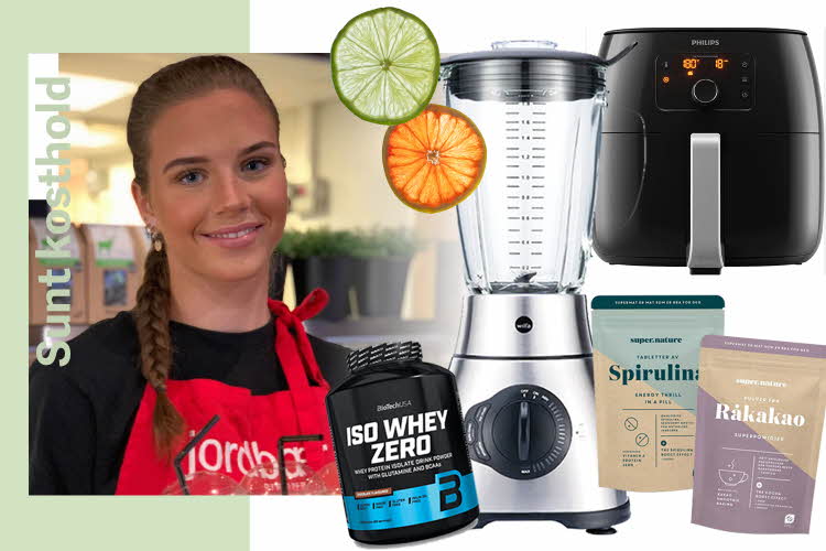 Dame som smiler, blender, airfryer og proteinpulver