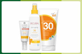 Tre solprodukter med høy solfaktor fra Cliniderm, Decubal og Vidi sol.