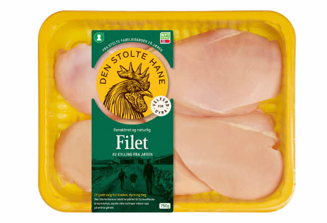 En pakke med kyllingfilet i gul pakning fra Den stolte hane