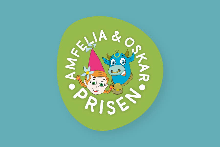 logo, blå bakgrunn, grønn boble med teksten amfelia og oskar-prisen, figurene av amfelia og oskar inni boble