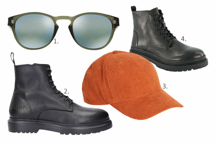 solbriller, svarte boots, oransje velourcaps