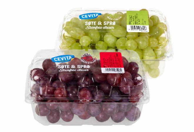 To bokser med Cevita-druer – én med røde og én med grønne.