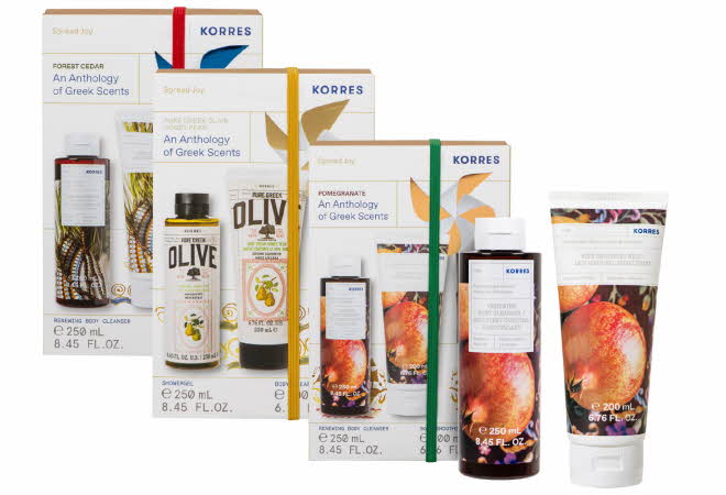 Tre Korres gavesett med dusjgel og bodylotion i varianter som oliven, granateple og sedertre.