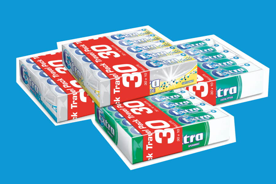 Fire varianter av 30-pakk Extra tyggegummi i ulike smaker