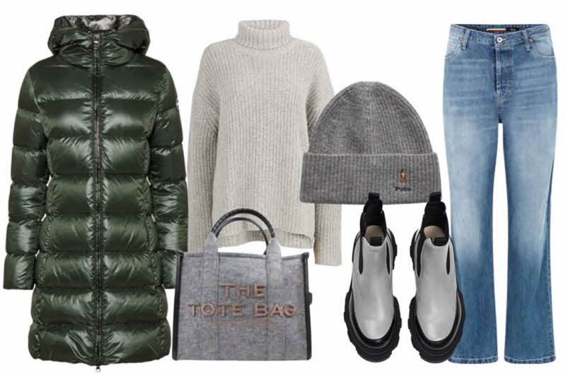 Dunjakke, genser, veske, lue, boots og jeans