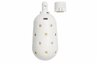 Hvit oppladbar LED-pære med små lysprikker og avtagbar topp.