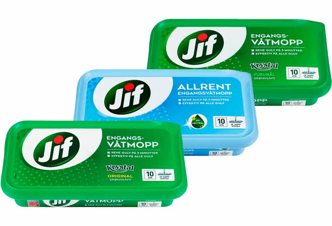 Tre varianter av 10-pakk engangsvåtmopp fra Jif.
