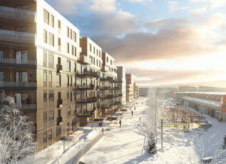 3D-illustrasjon fra Lørenskog av boligblokk og kjøpesenter i vinterlandskap.