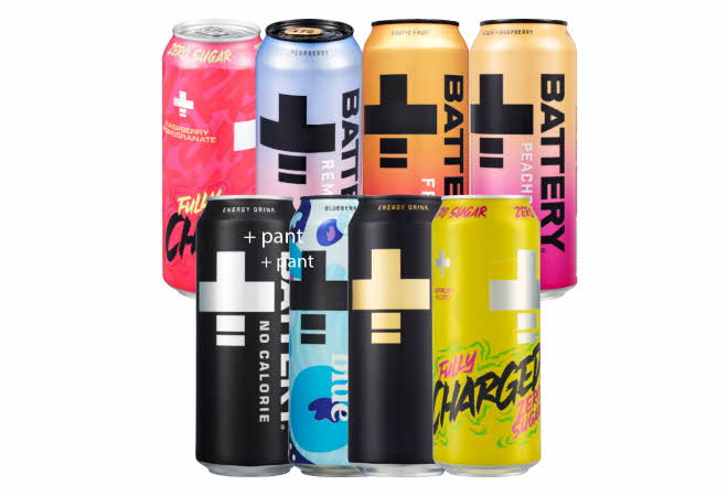 8 varianter av Battery energidrikke.