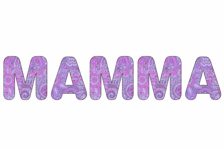 Mønstrede bokstaver fargelagt i lilla hvor det står MAMMA