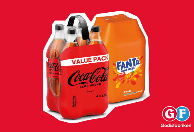 To 4-pakker med 1,5L flasker fra Coca-Cola og Fanta