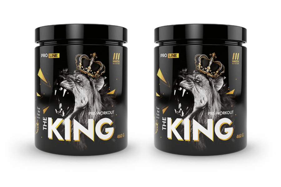 to bokser med KING pre workout som er sort og har bilde av en løve med krone